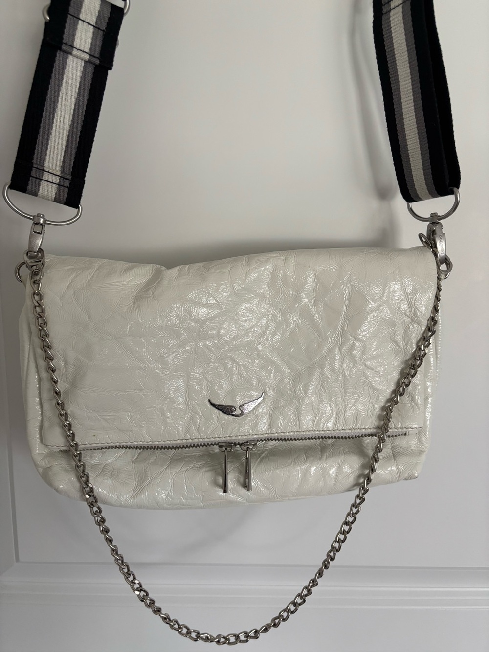 Zadig & Voltaire White Crinkled Leather Crossbody with Striped Strap